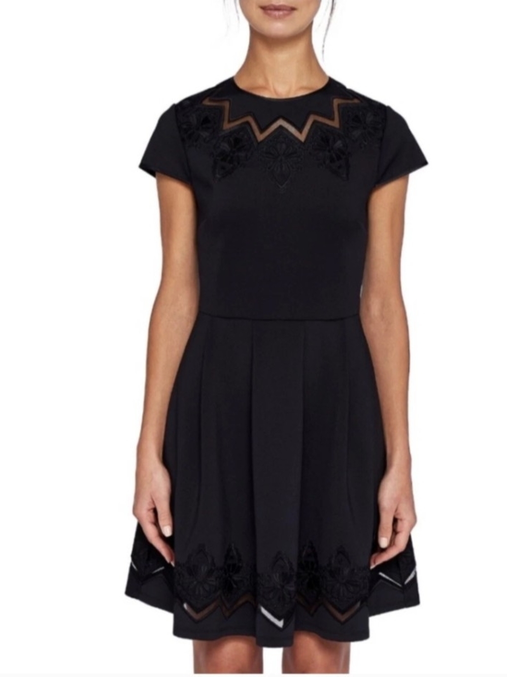 Ted Baker Fit-and-Flare Dress with Sheer Embroidered Yoke